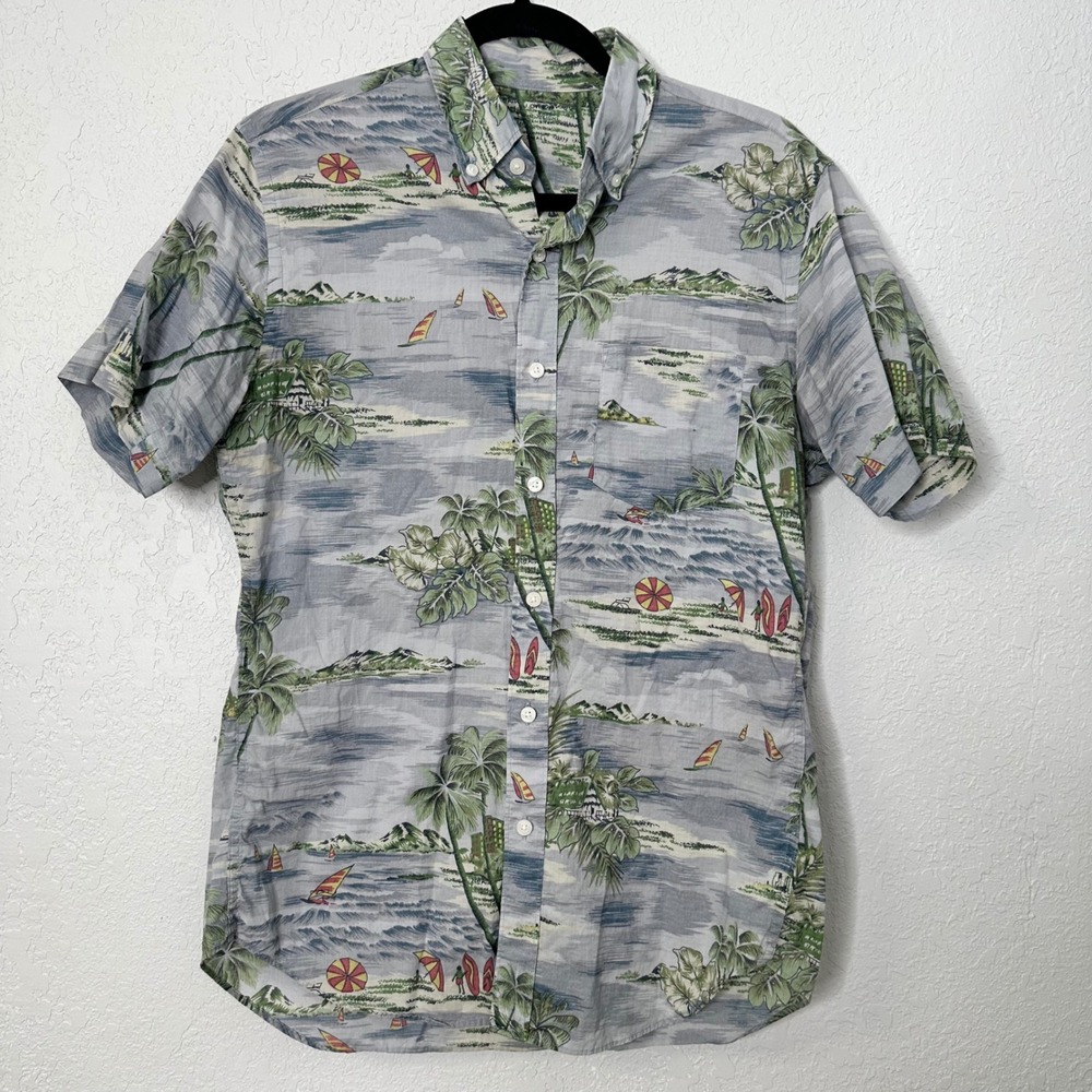 J Crew Mens S Short Sleeve Button Down Shirt Lightweight Chambray Tropical Print